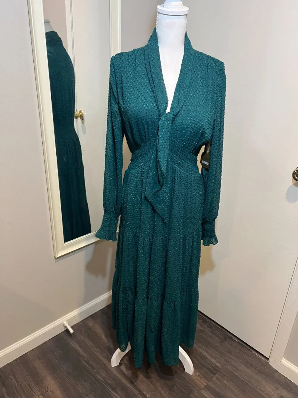NWT RYEGRASS Emerald Green Clip Dot Long Sleeve Tie Neck Maxi Dress, Size Med